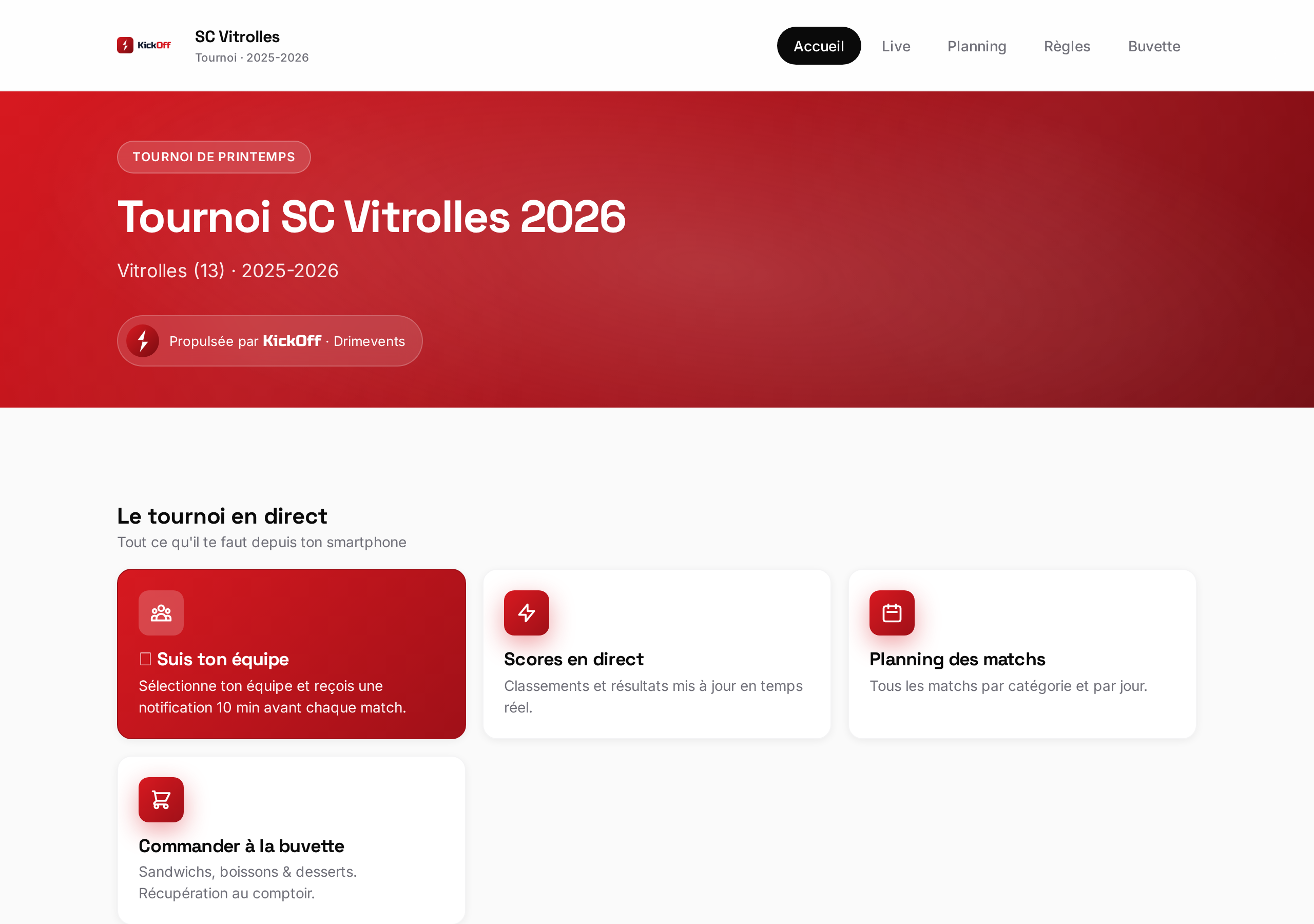 Page d'accueil de l'application KickOff lors du tournoi pilote réel 2026