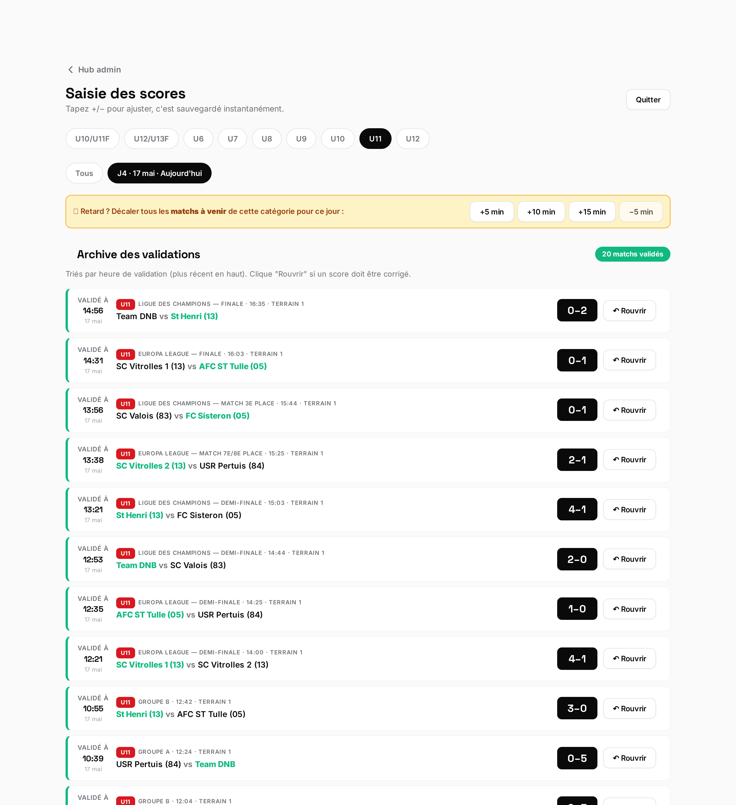 Interface arbitre — saisie des scores en temps réel sur smartphone