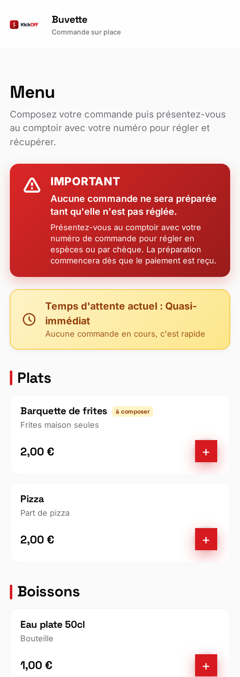 Page Buvette de KickOff sur smartphone