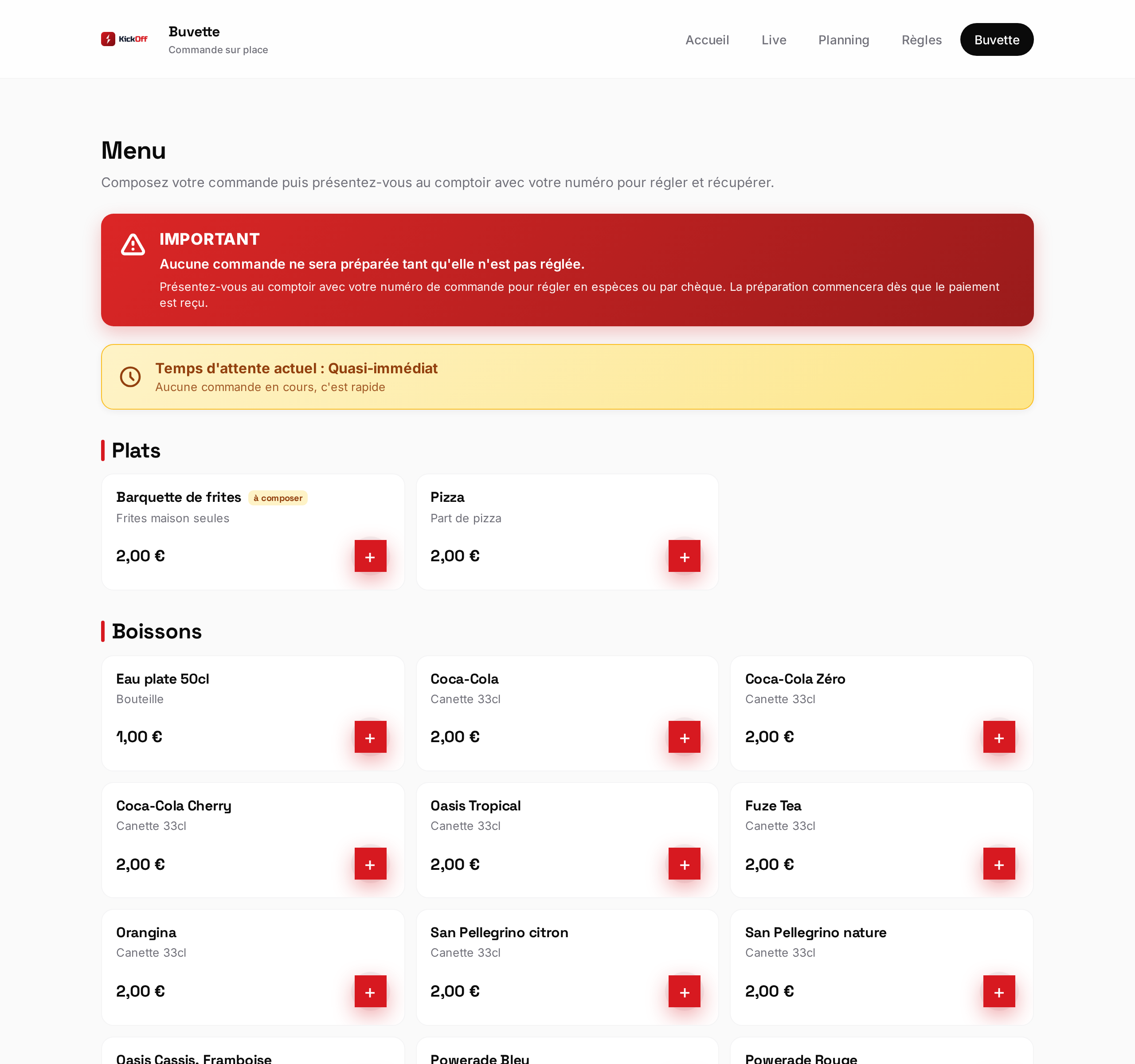 Page de commande Buvette KickOff avec menu et options