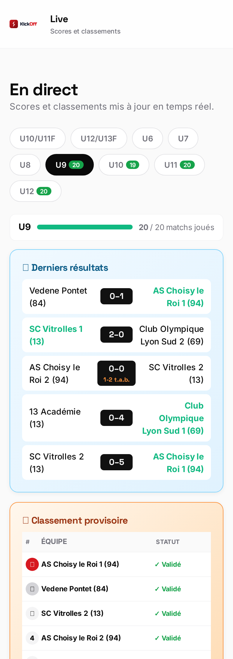 Page Live de KickOff sur smartphone