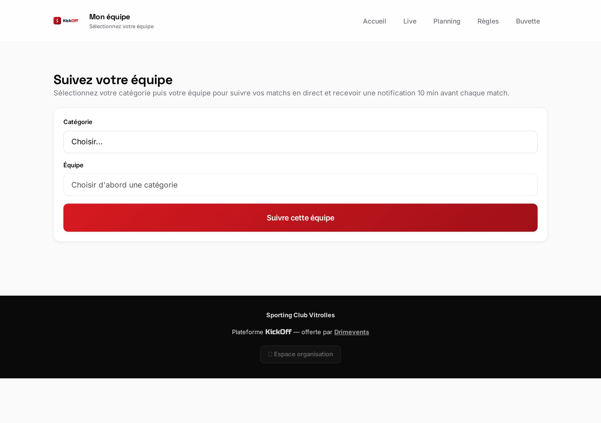 Page Mon équipe de KickOff avec stats hero et historique des résultats