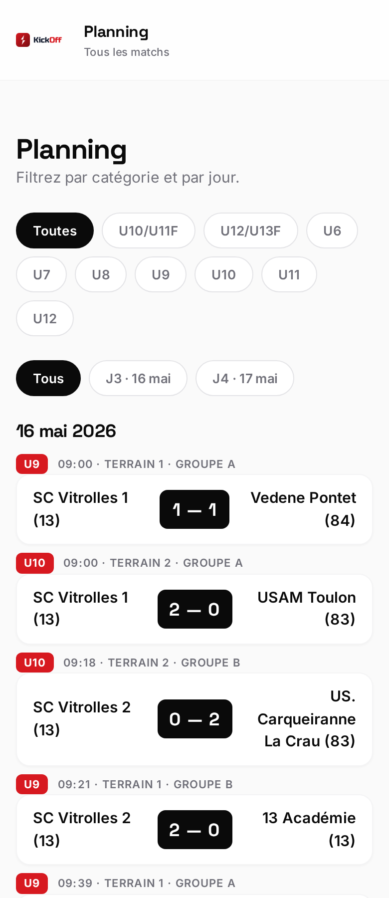 Page Planning de KickOff sur smartphone