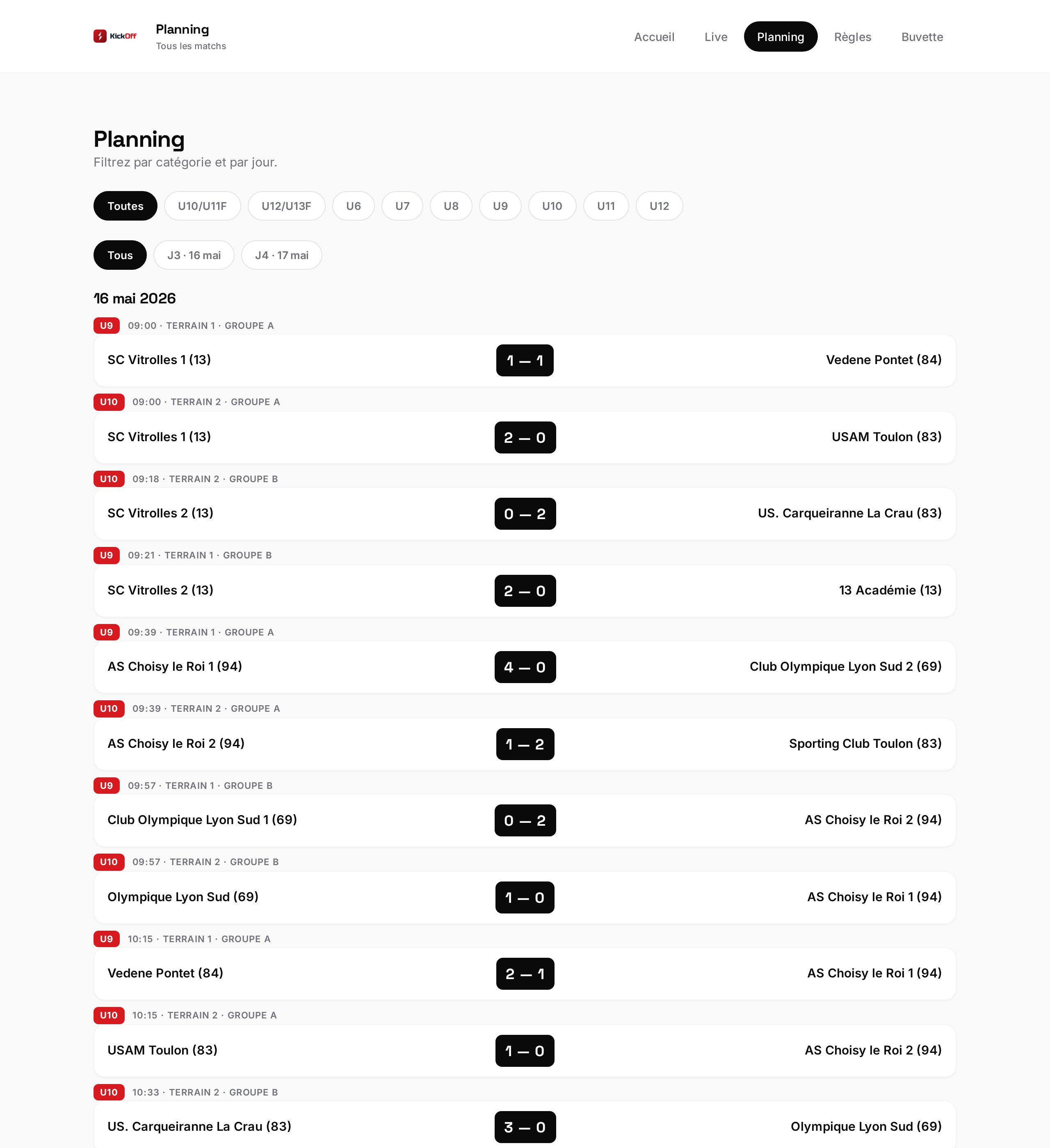 Page Planning de KickOff avec filtres par jour et par catégorie
