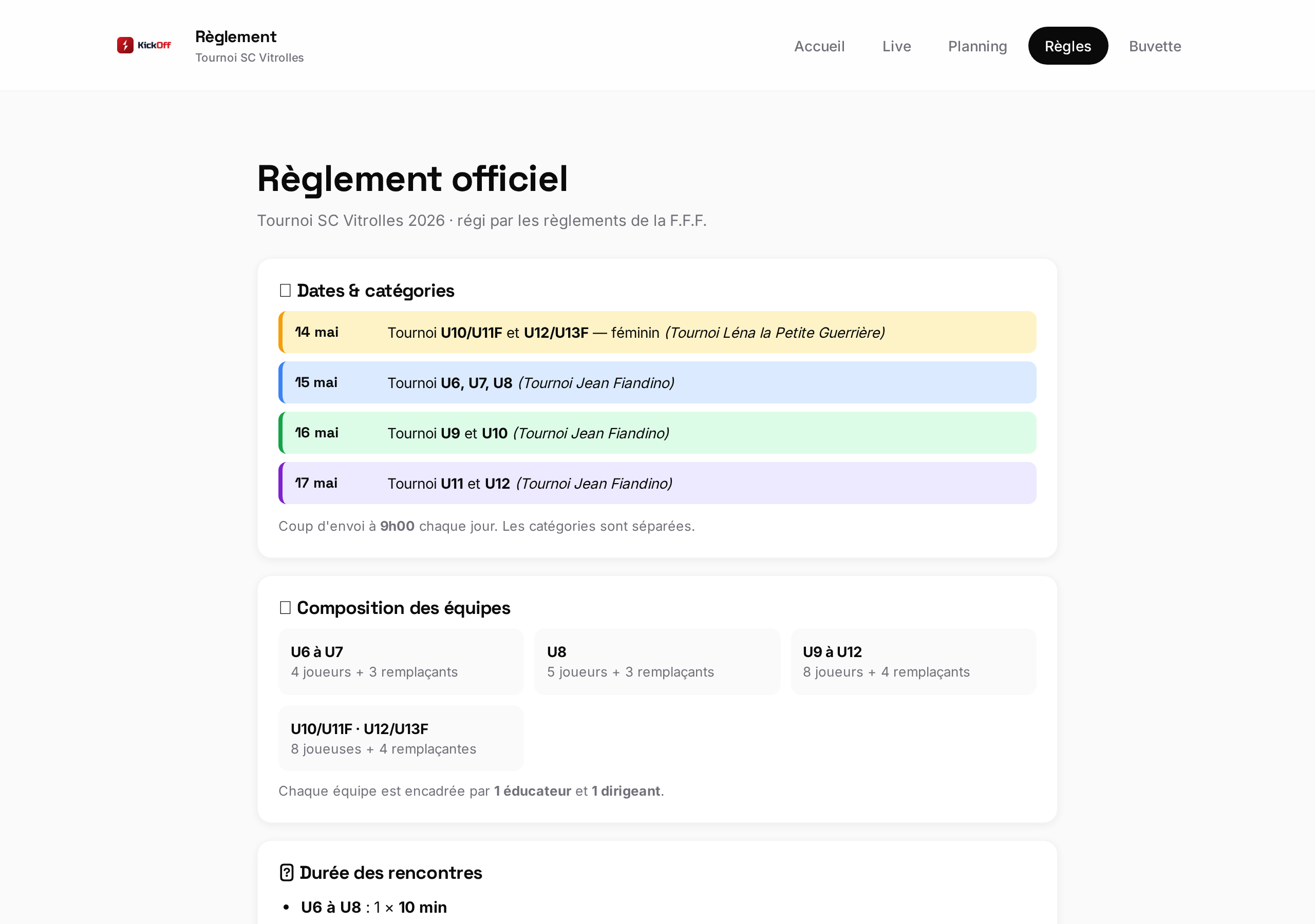 Page Règlement officiel du tournoi pilote KickOff 2026